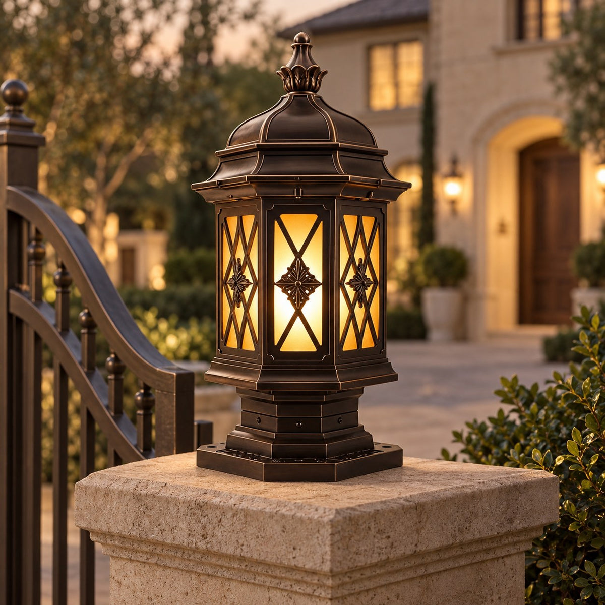 Traditional Outdoor Pillar Light Hexagonal Lantern Frosted Glass Aluminum IP65