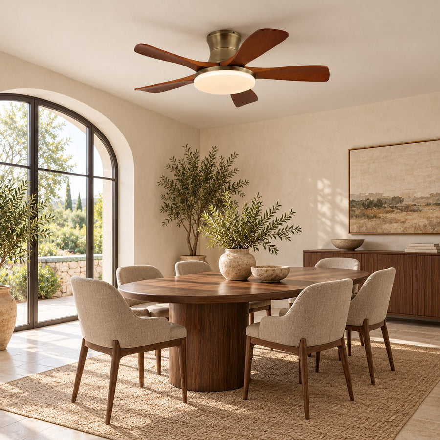 Modern Ceiling Fan with Lights Flush Mount Metal Frame Wooden Blades Integrated LED 6-Speed Control in the dining room