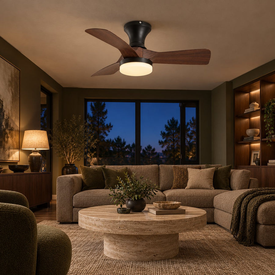 Modern Ceiling Fan Light Flush Mount Metal Frame ABS Blades Integrated LED Dimmable 6-Speed in the evening