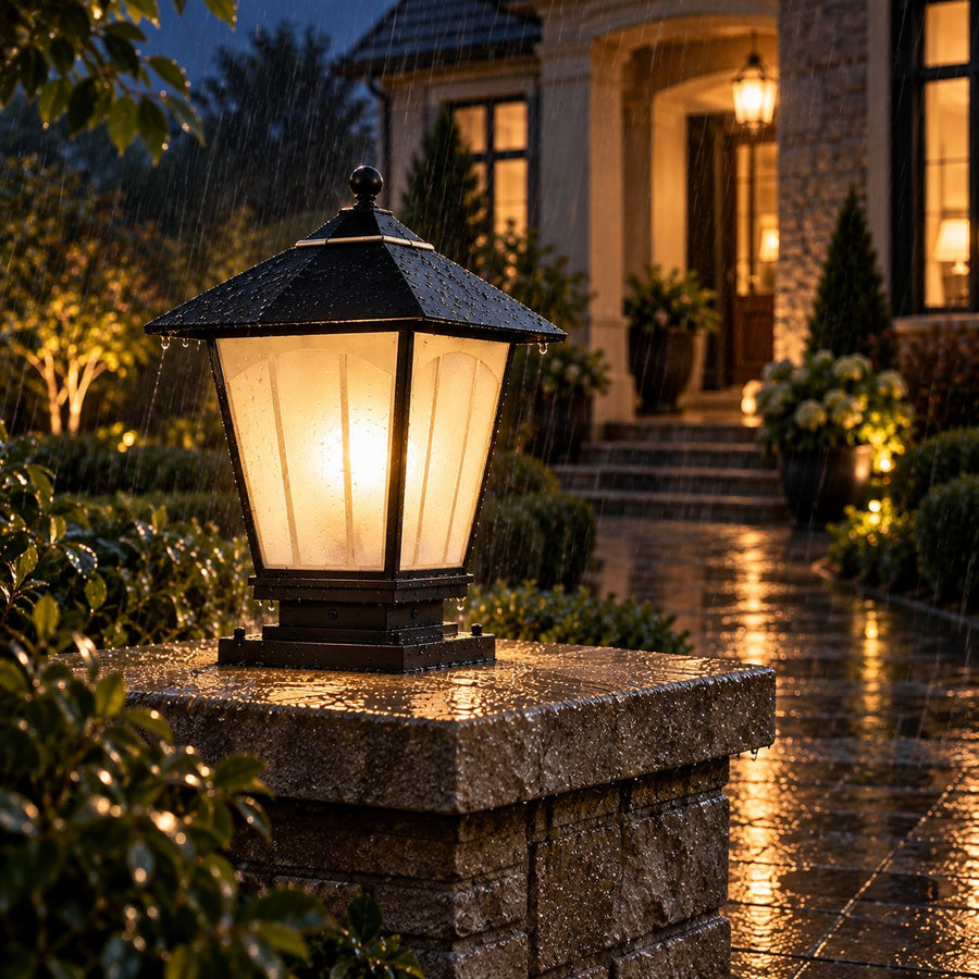 Modern Outdoor Pillar Light Solid Copper Lantern White Glass Shade IP55 in the entryway
