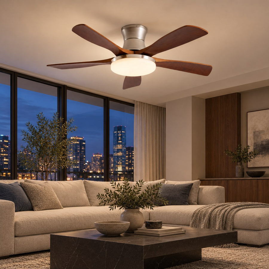 Modern Ceiling Fan with Lights Flush Mount Metal Frame Wooden Blades Integrated LED 6-Speed Control in the evening