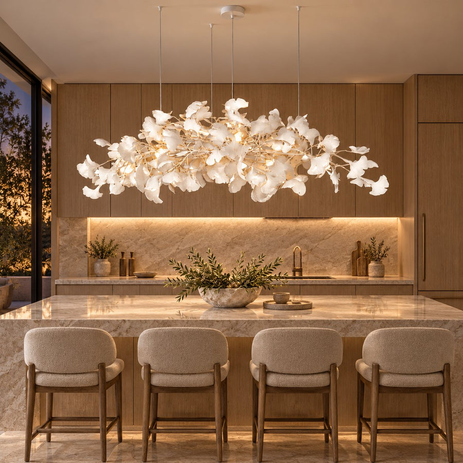 Modern Chandelier Light Ceiling-Mounted Metal Frame with Adjustable LED Ginkgo Leaf Design in the kitchen island