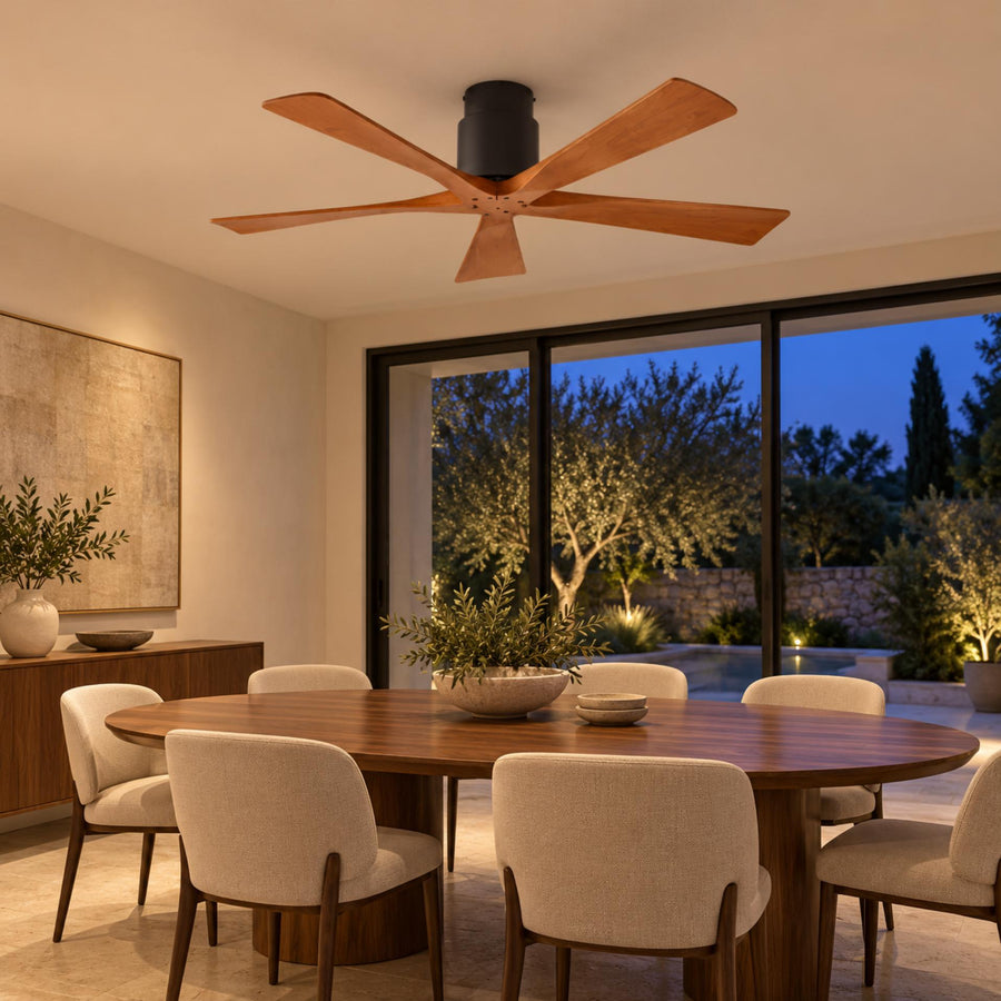 Modern Ceiling Fan Flush Mount Solid Wood Blades Quiet DC Motor Remote Control 52 Inch in the dining room