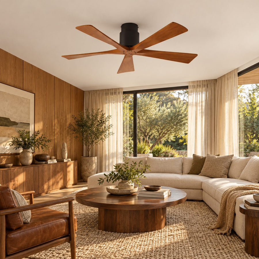 Modern Ceiling Fan Flush Mount Solid Wood Blades Quiet DC Motor Remote Control 52 Inch in the living room