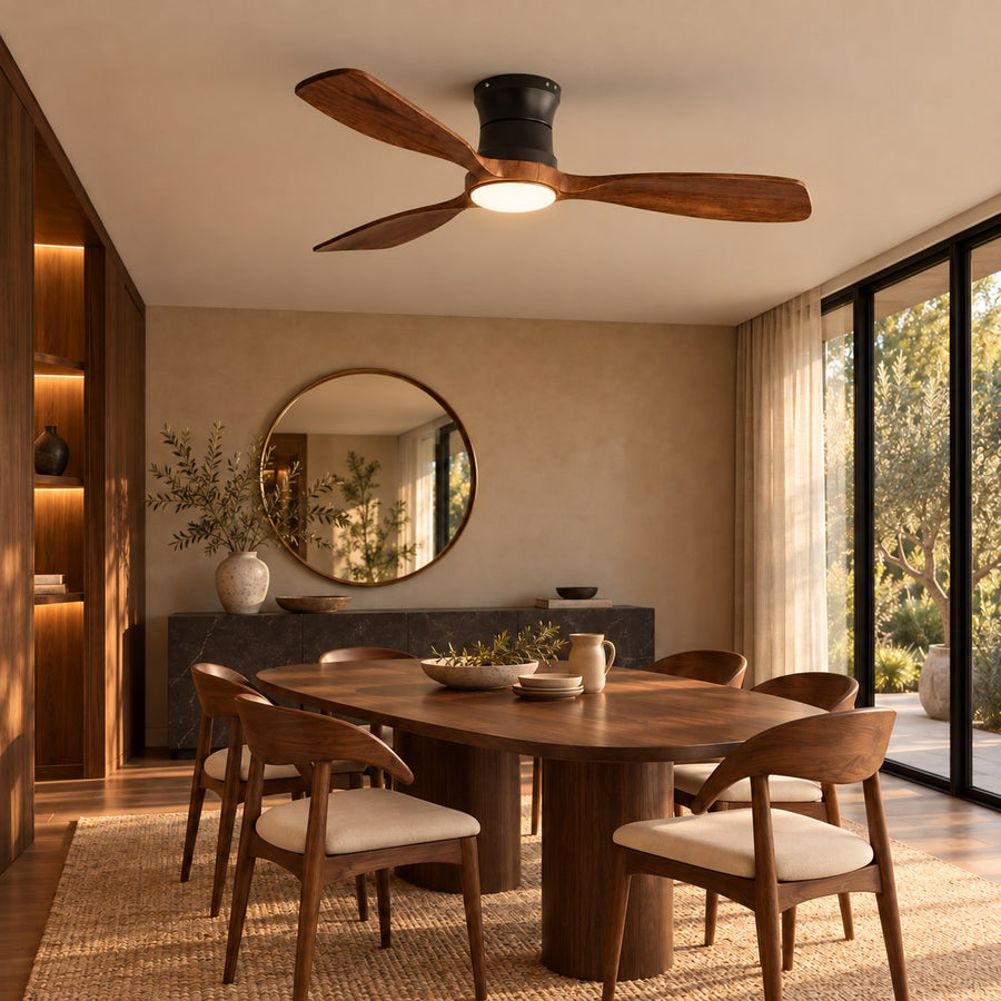 Modern Ceiling Fan 48 Inch Flush Mount Solid Wood Blades Dimmable LED Light Remote Control in the dining room