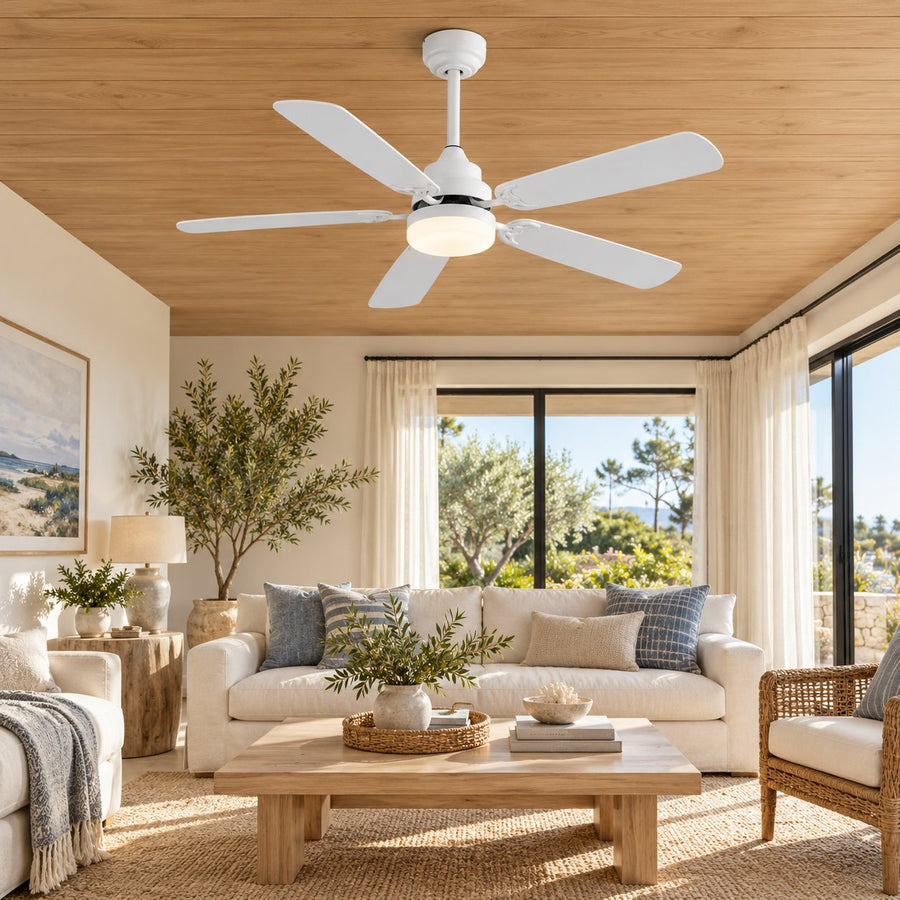 Modern Ceiling Fan Flush Mount Dual-Tone MDF Blades Matte Metal 18W LED 6-Speed DC Motor in the dining room