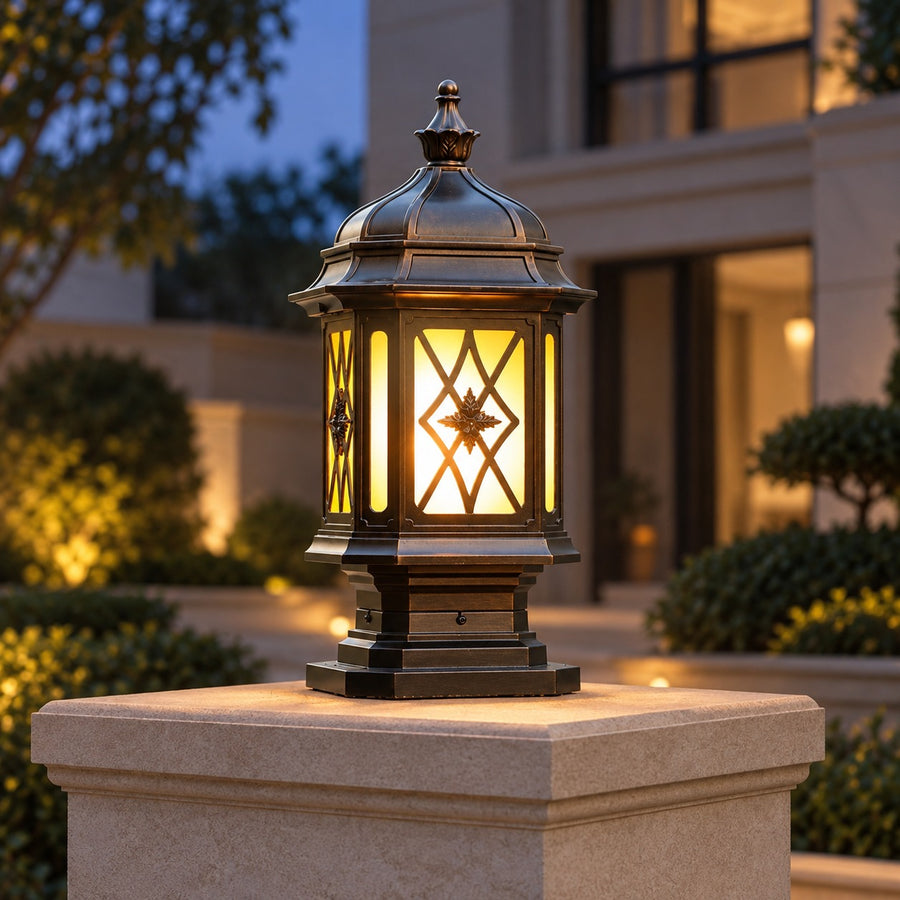 Traditional Outdoor Pillar Light Hexagonal Lantern Frosted Glass Aluminum IP65 in the entryway