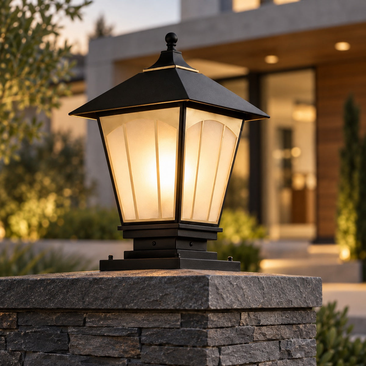 Modern Outdoor Pillar Light Solid Copper Lantern White Glass Shade IP55