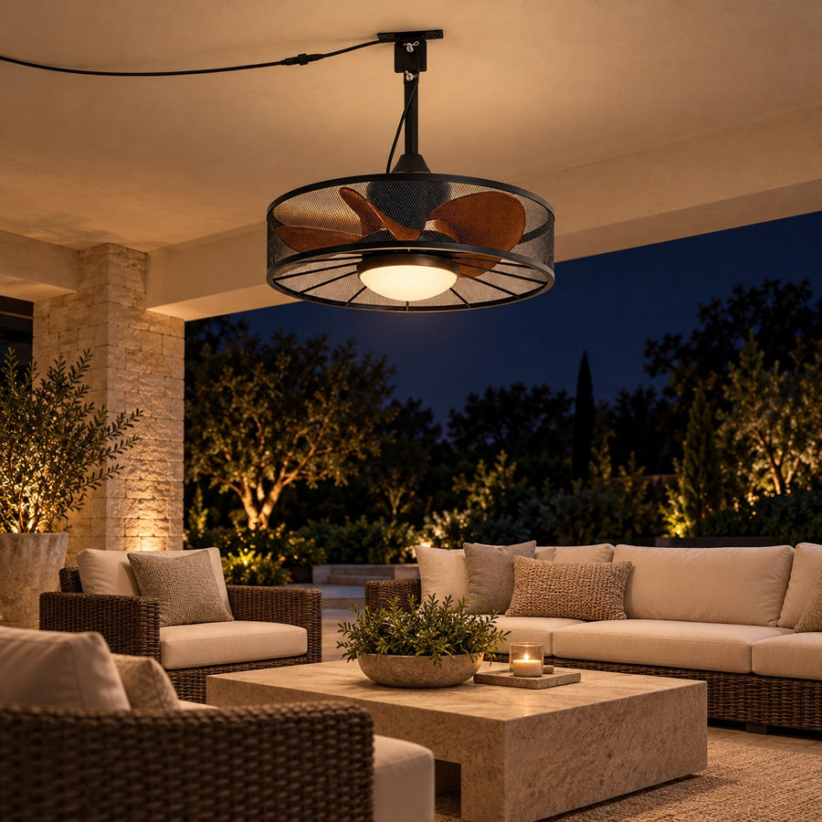 Rustic Outdoor Ceiling Fan with Light Flush Mount Iron Frame LED Colour Temperature Control in the evening