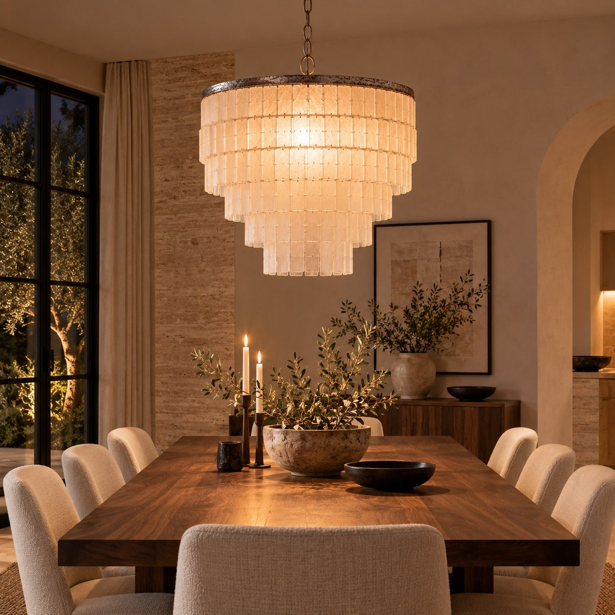 Modern Chandelier Light Ceiling Mounted Natural Shell Adjustable Height for Dining Room
