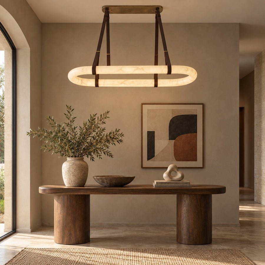 Modern Circle Chandelier Ceiling Mounted Metal Frame with White Alabaster Stone Lighting in the entryway