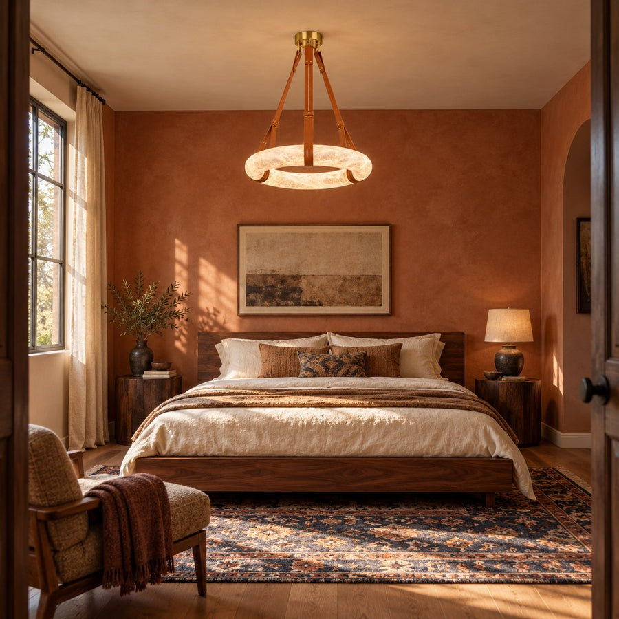 Modern Chandelier Light Ceiling Mounted Alabaster Shade with Warm Translucent Glow in the bedroom