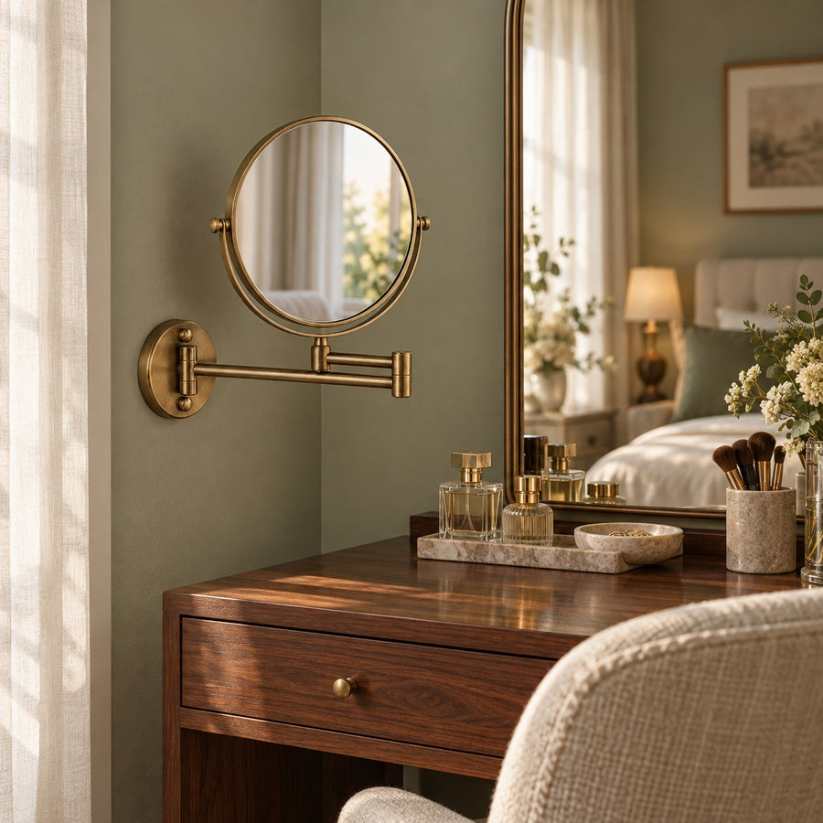 Modern Wall Mounted Makeup Mirror Double Sided Stainless Steel with 360° Rotation and Magnifying Feature in the bedroom