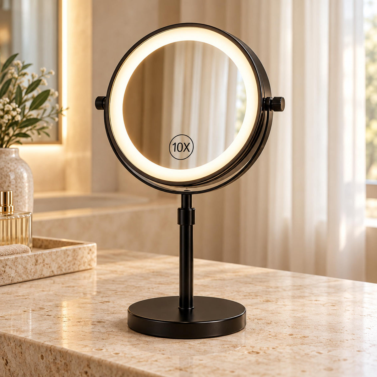 Modern Makeup Mirror with Lights Adjustable Height Dual-Sided 10X Magnifying USB Powered Dimmable
