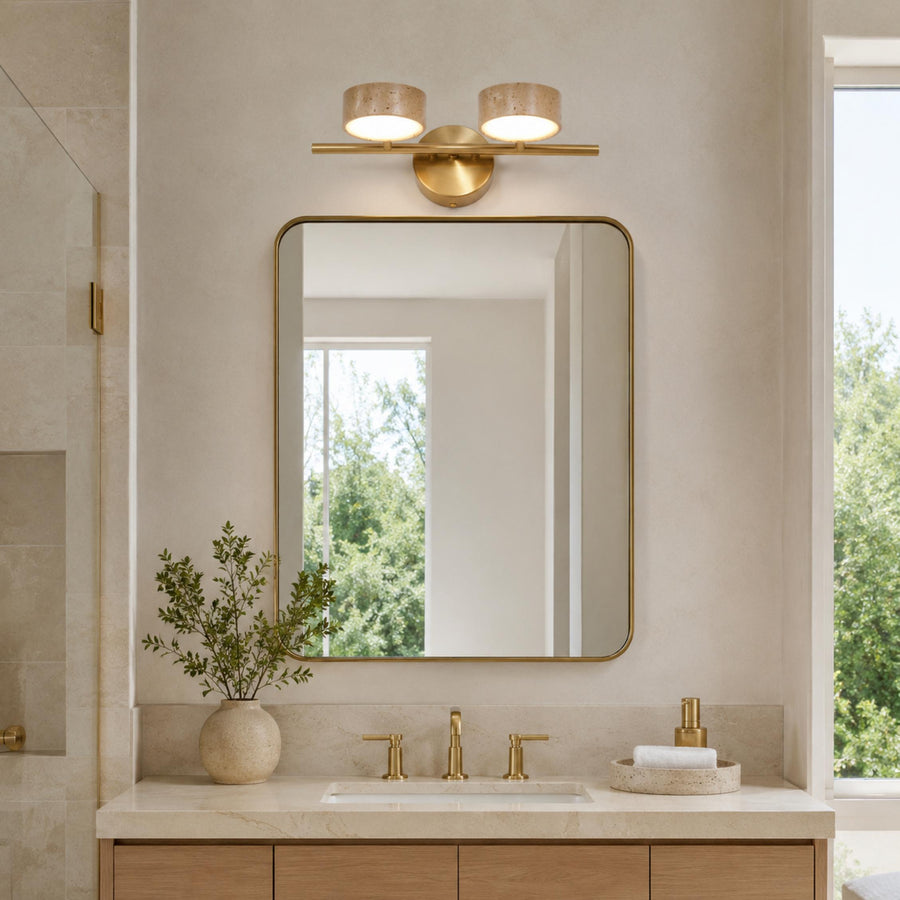 Modern Bathroom Vanity Light Wall Mounted with Travertine Shades and Dimmable LED Illumination in the copper