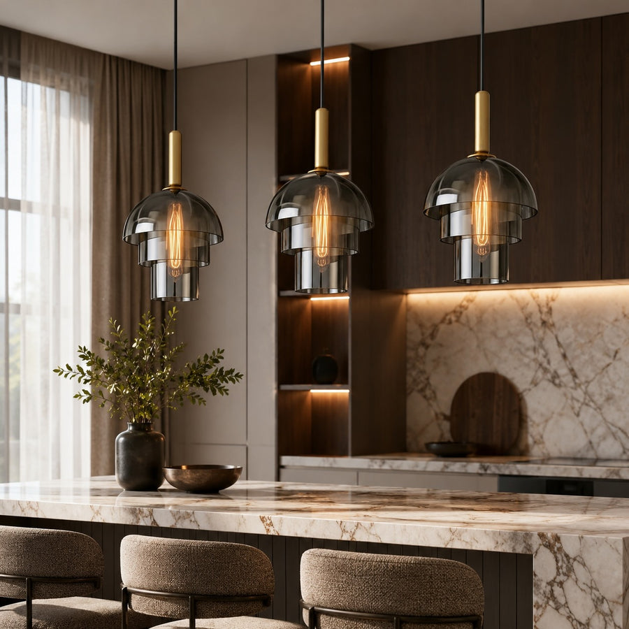 Modern Pendant Lamp Adjustable Height Glass Shade Brass Accents LED Kitchen Pendant Lighting in the kitchen island