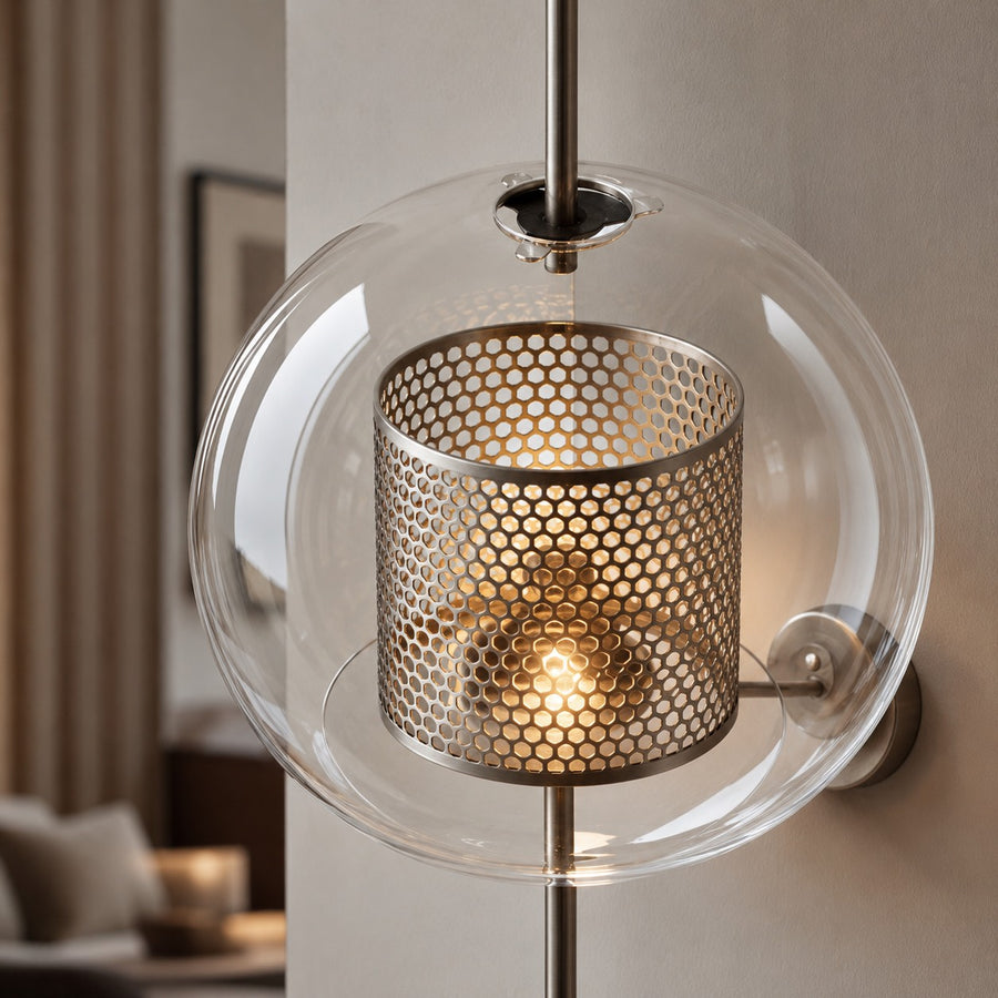Industrial Wall Light Wall Mounted Metal and Clear Glass Globe LED Fixture with Honeycomb Design in the detail