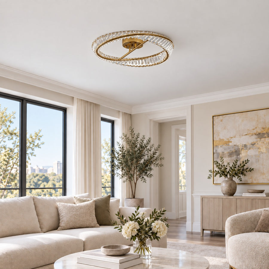 Modern Circular Flush Mount Ceiling Light Stainless Steel and Glass Integrated LED 54W 60cm in the living room