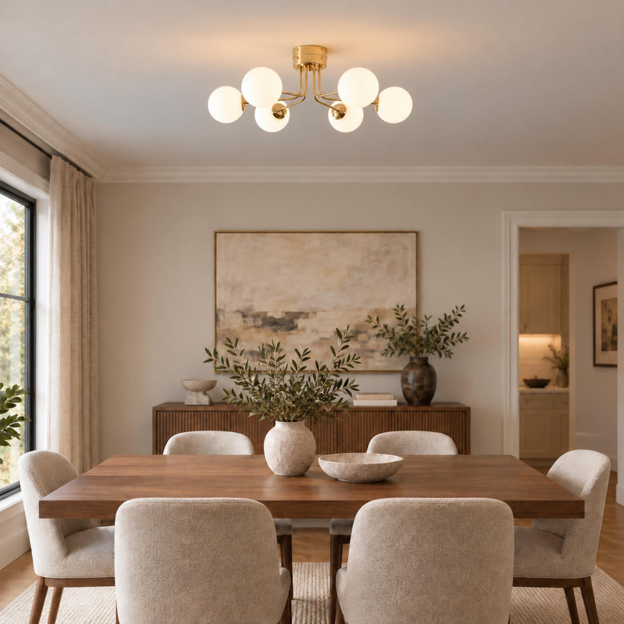 Modern Flush Mount Ceiling Light Fixture in Metal and Glass with LED Bulbs for Indoor Use in the dining room