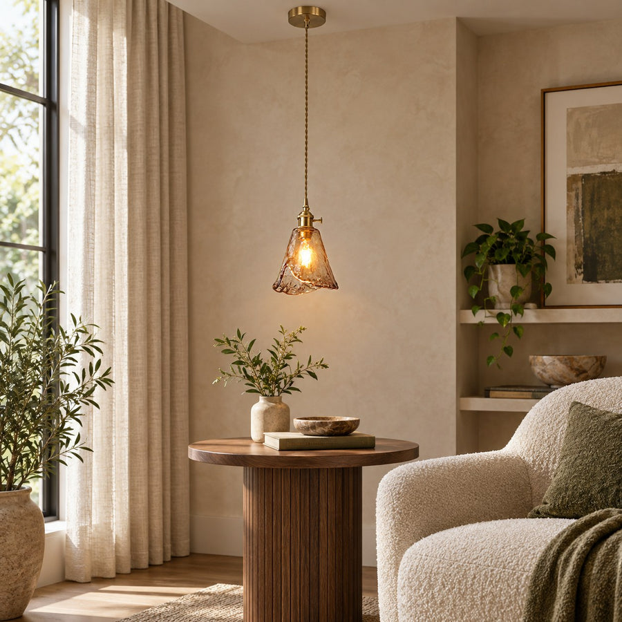 Vintage Glass Pendant Lighting Adjustable Height Brass Hardware Amber Shade LED Compatible in the reading corner