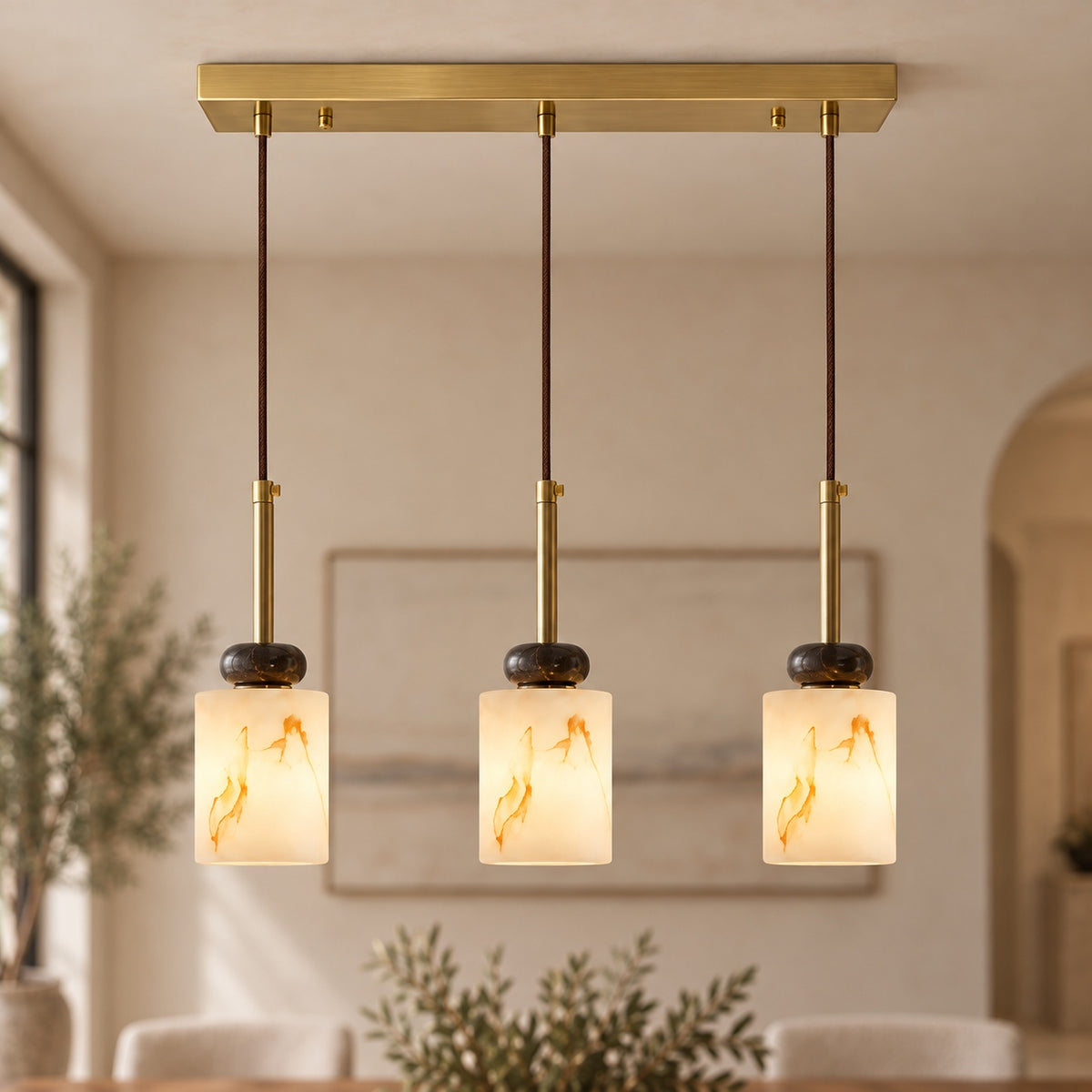 Modern Pendant Lamp with Hanging Dark Marble Spheres and Faux Alabaster Shade for Indoor Use