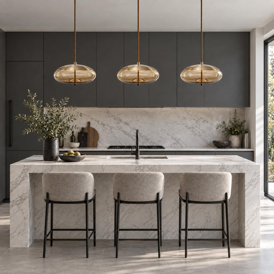 Modern Glass Pendant Light Hanging Fixture with Copper Accent LED Compatible for Kitchen in the kitchen island