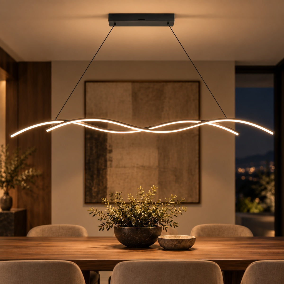 Modern Black Pendant Light Adjustable Dimmable LED Aluminum Wave Design for Kitchen Island