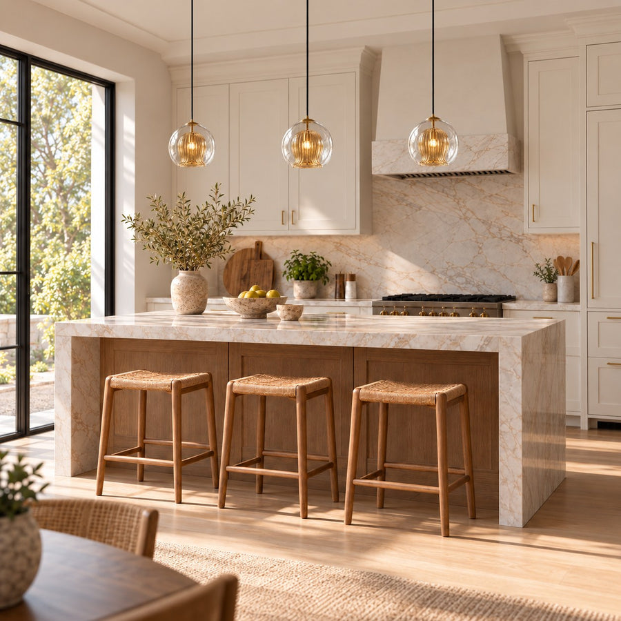 Modern Glass Pendant Light Adjustable Hanging Fixture Brass Frame LED Compatible for Kitchen Island in the kitchen island