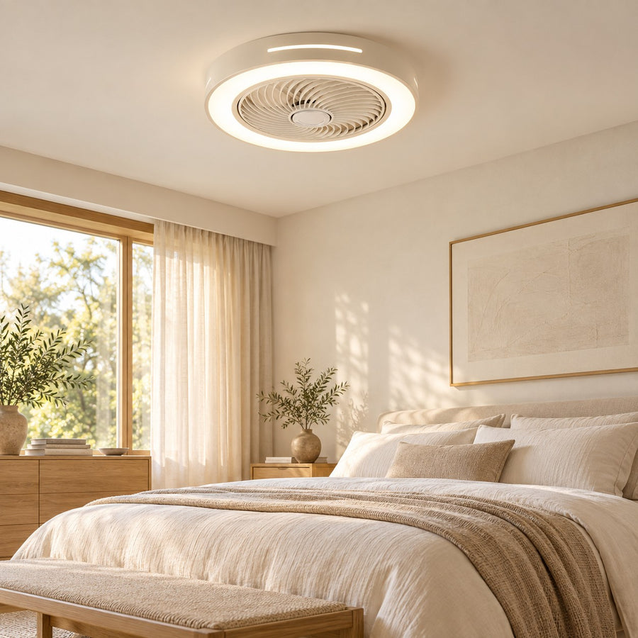 Modern Bladeless Ceiling Fan with Flush Mount LED Lighting Iron and ABS Adjustable Speed in the bedroom