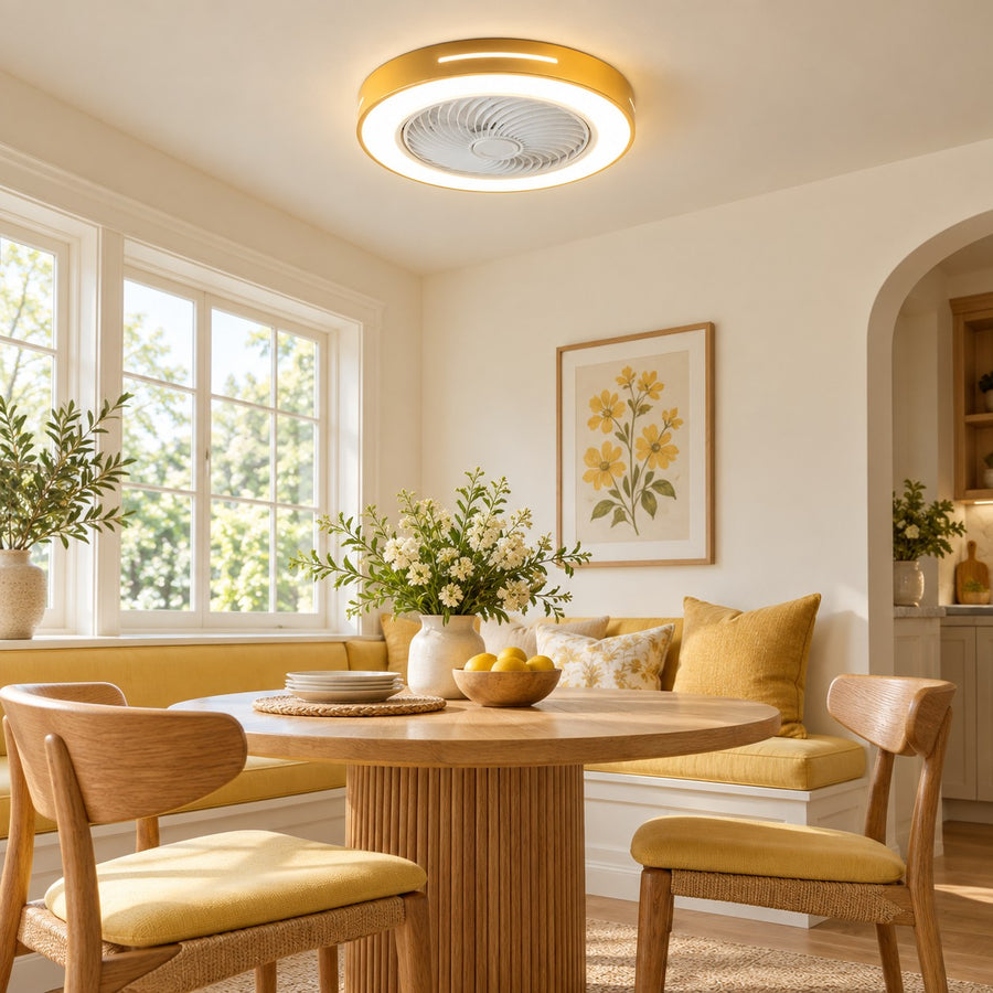 Modern Bladeless Ceiling Fan with Flush Mount LED Lighting Iron and ABS Adjustable Speed in the dining nook
