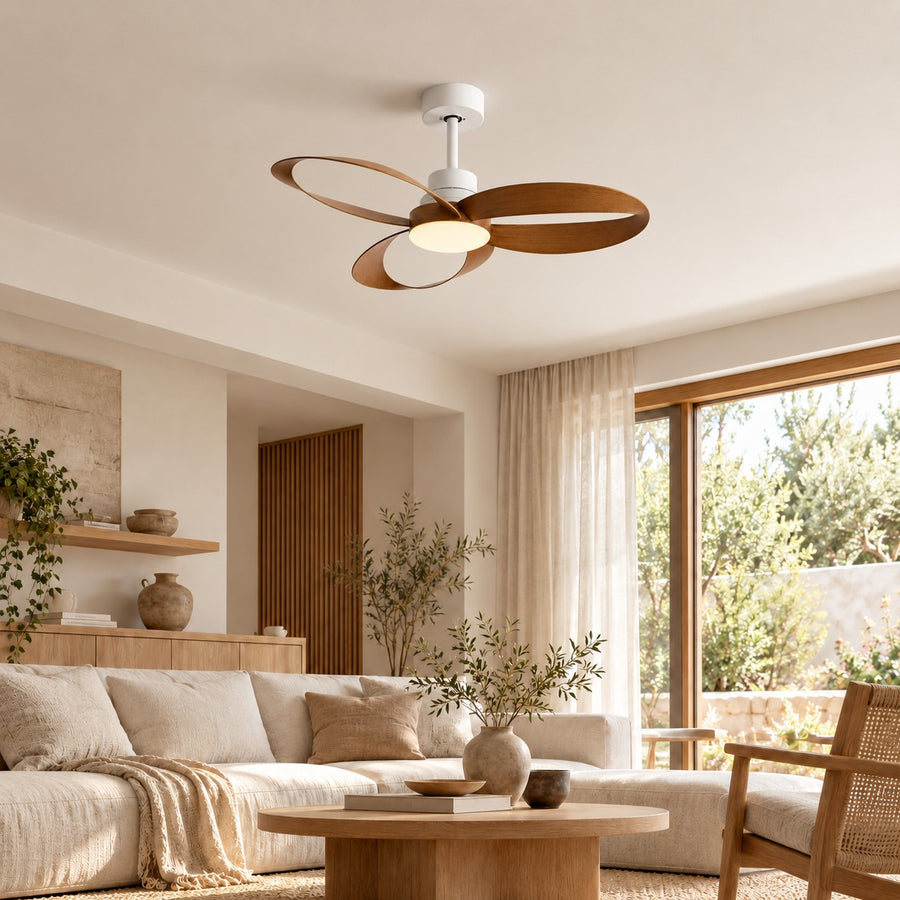 Modern Flush Mount Ceiling Fan with LED Light 6-Speed DC Motor Copper ABS Blades in the living room