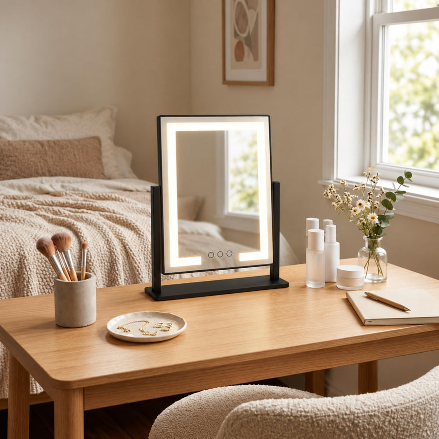 Modern LED Vanity Mirror with Touch Control 15x Magnifying Adjustable Brightness 360° Rotation in the bedroom