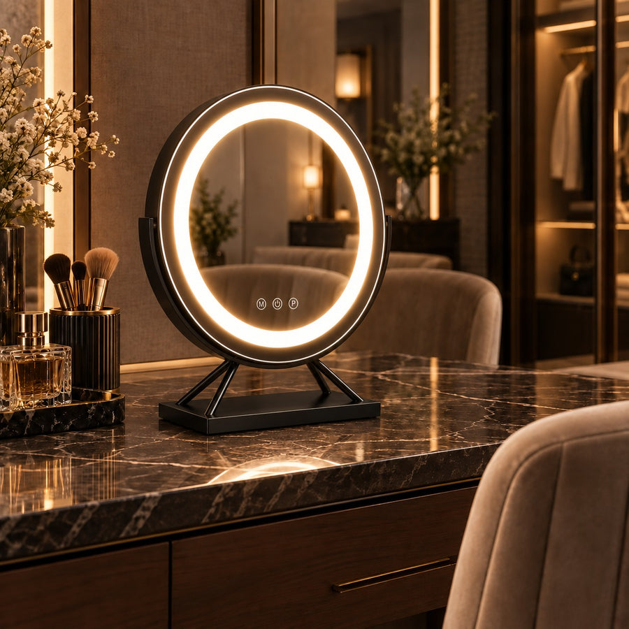 Dimmable Round Vanity Mirror with Lights 30cm Glass and Plastic with 15x Magnifying Spot Mirror in the dressing room