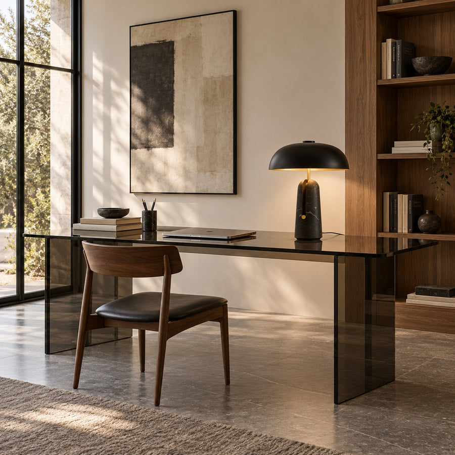 Contemporary Table Lamp with Metal Shade and Travertine Base for Bedroom or Living Room in the home office