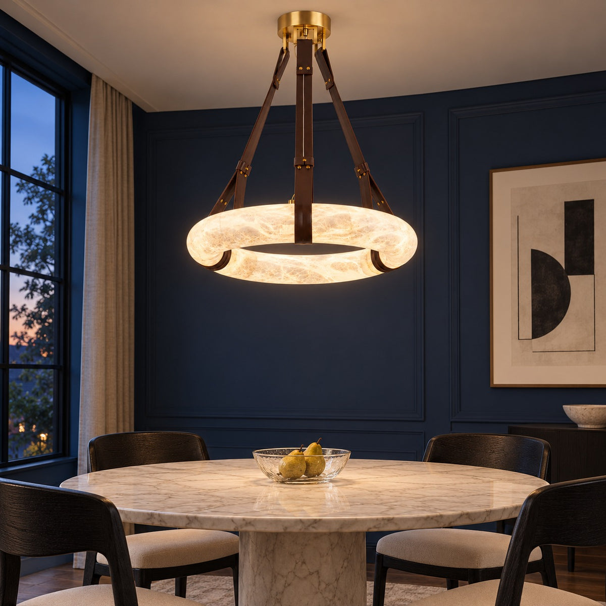 Modern Chandelier Light Ceiling Mounted Alabaster Shade with Warm Translucent Glow