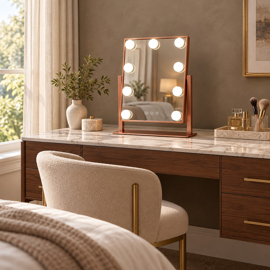 Modern Hollywood Vanity Mirror with Dimmable LED Bulbs 360° Rotating Touch Sensor in the bedroom