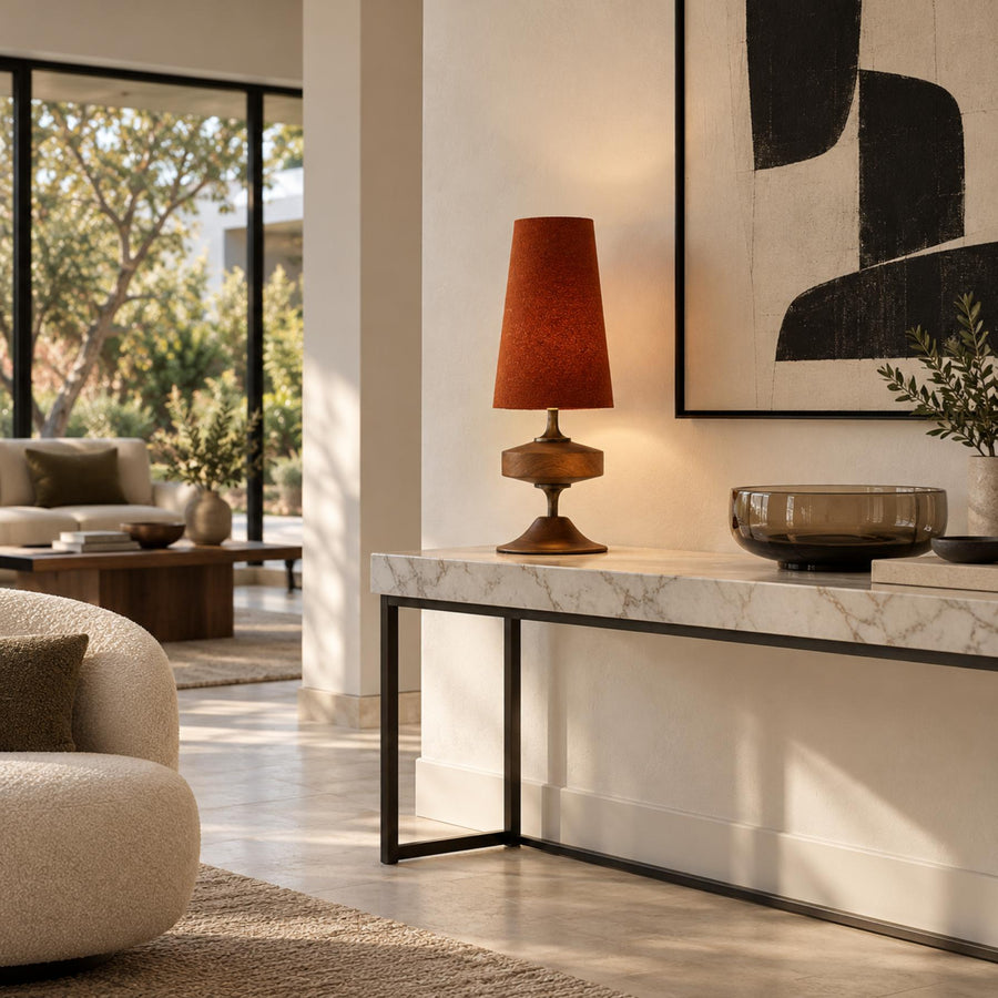 Modern Table Lamp with Tapered Fabric Shade and Walnut Wood Base Dimmable for Bedside or Living Room in the console