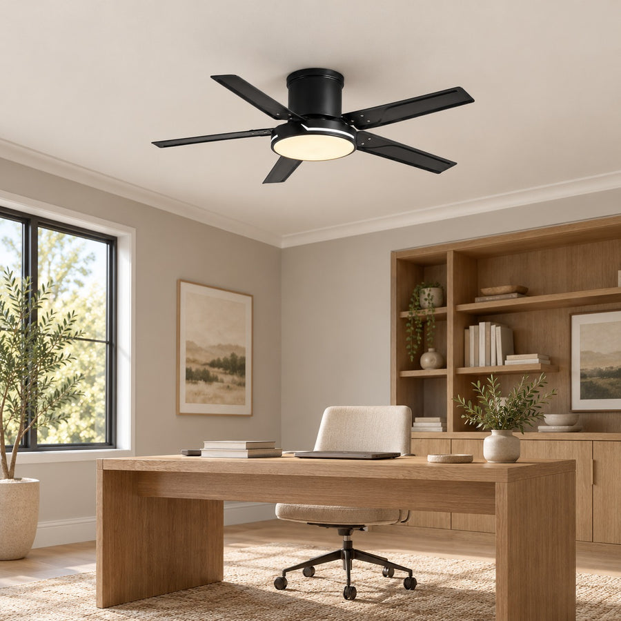Modern Ceiling Fan with Lights Flush Mount Iron Frame 48W LED Dimmable 6-Speed DC Motor in the home office