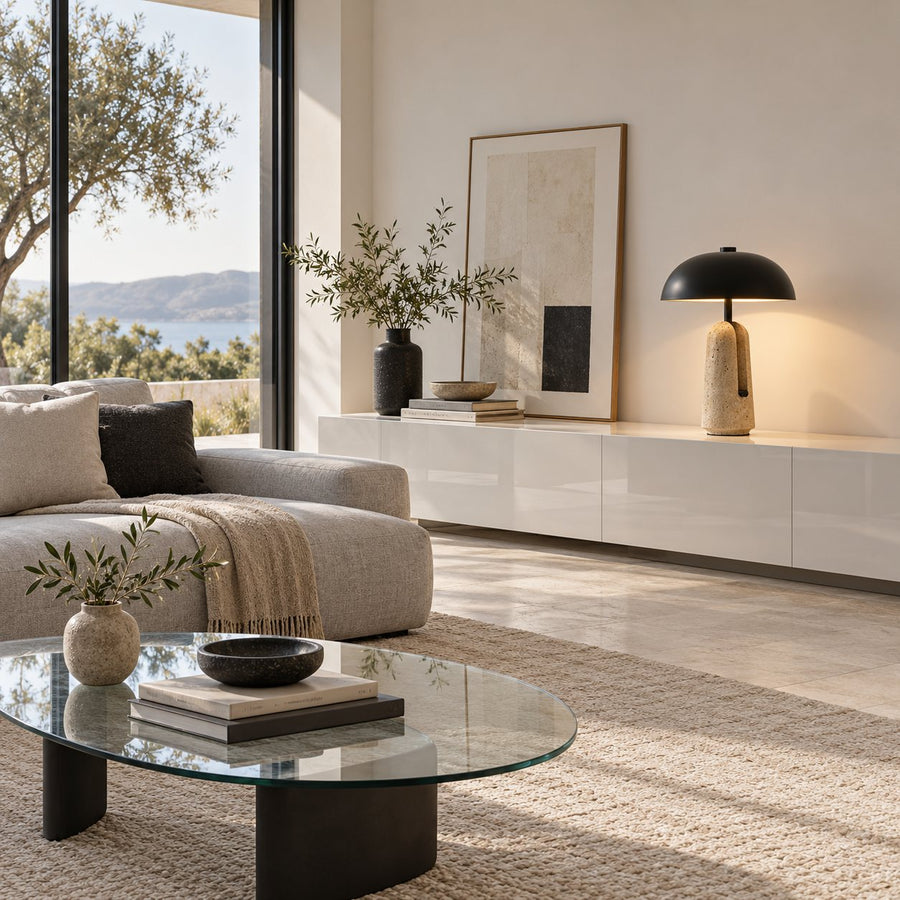 Contemporary Table Lamp with Metal Shade and Travertine Base for Bedroom or Living Room in the living room