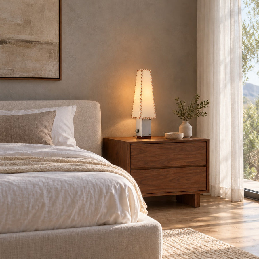 Contemporary Table Lamp with Iron and Walnut Base and Parchment Shade for Living Room Lighting in the bedroom
