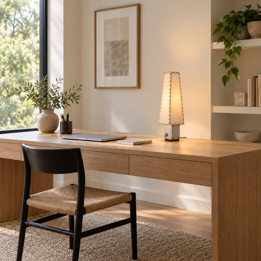 Contemporary Table Lamp with Iron and Walnut Base and Parchment Shade for Living Room Lighting in the home office