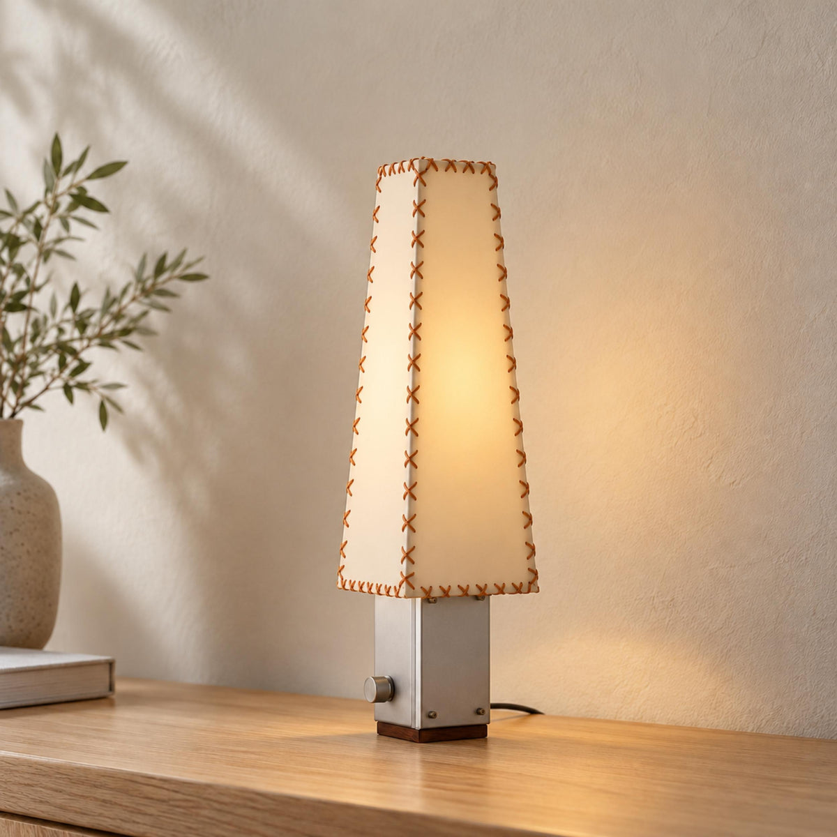 Contemporary Table Lamp with Iron and Walnut Base and Parchment Shade for Living Room Lighting