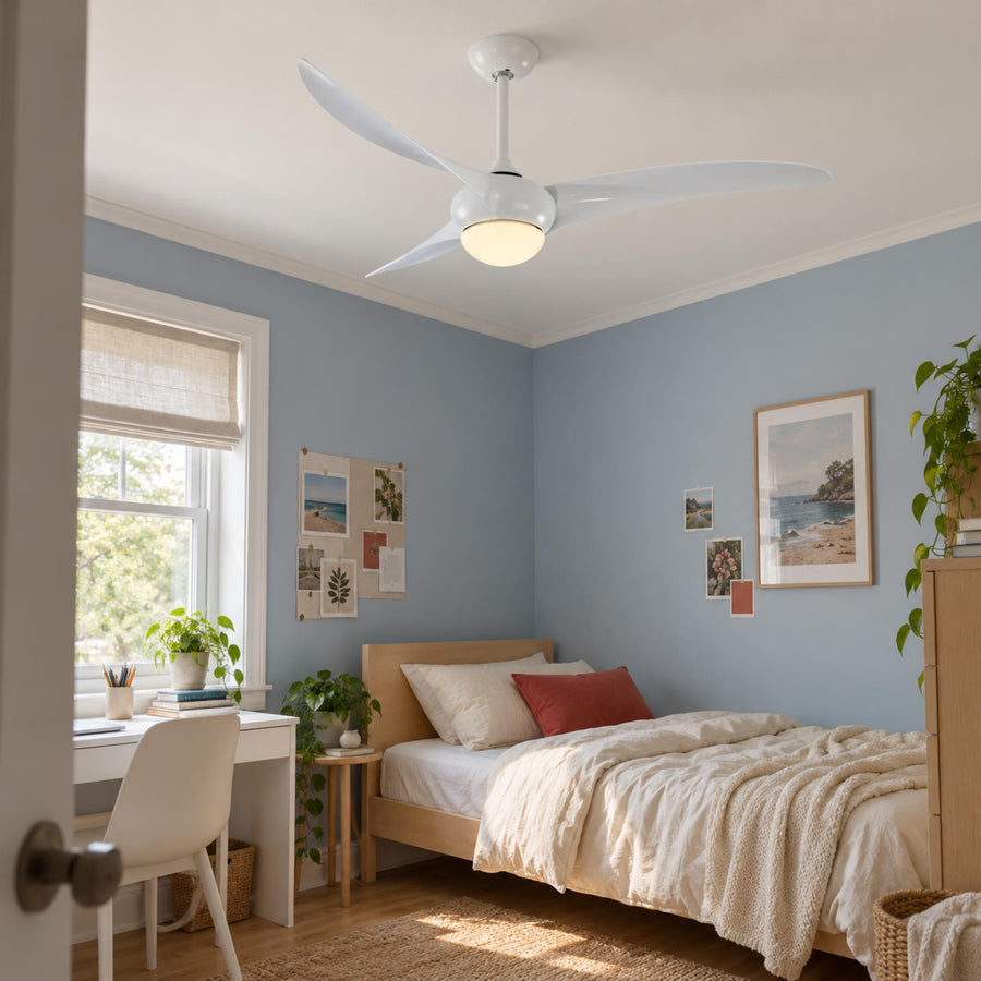 Traditional Ceiling Fan with Wood Blades Flush Mount Opal Glass Diffuser for Indoor Use in the bedroom