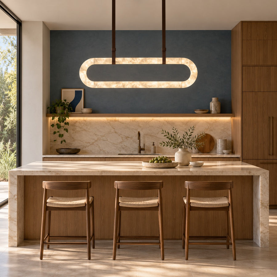 Modern Circle Chandelier Ceiling Mounted Metal Frame with White Alabaster Stone Lighting in the kitchen