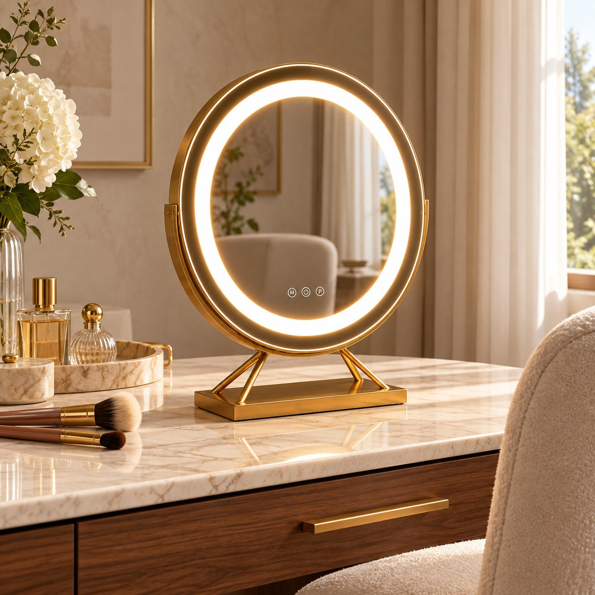 Dimmable Round Vanity Mirror with Lights 30cm Glass and Plastic with 15x Magnifying Spot Mirror