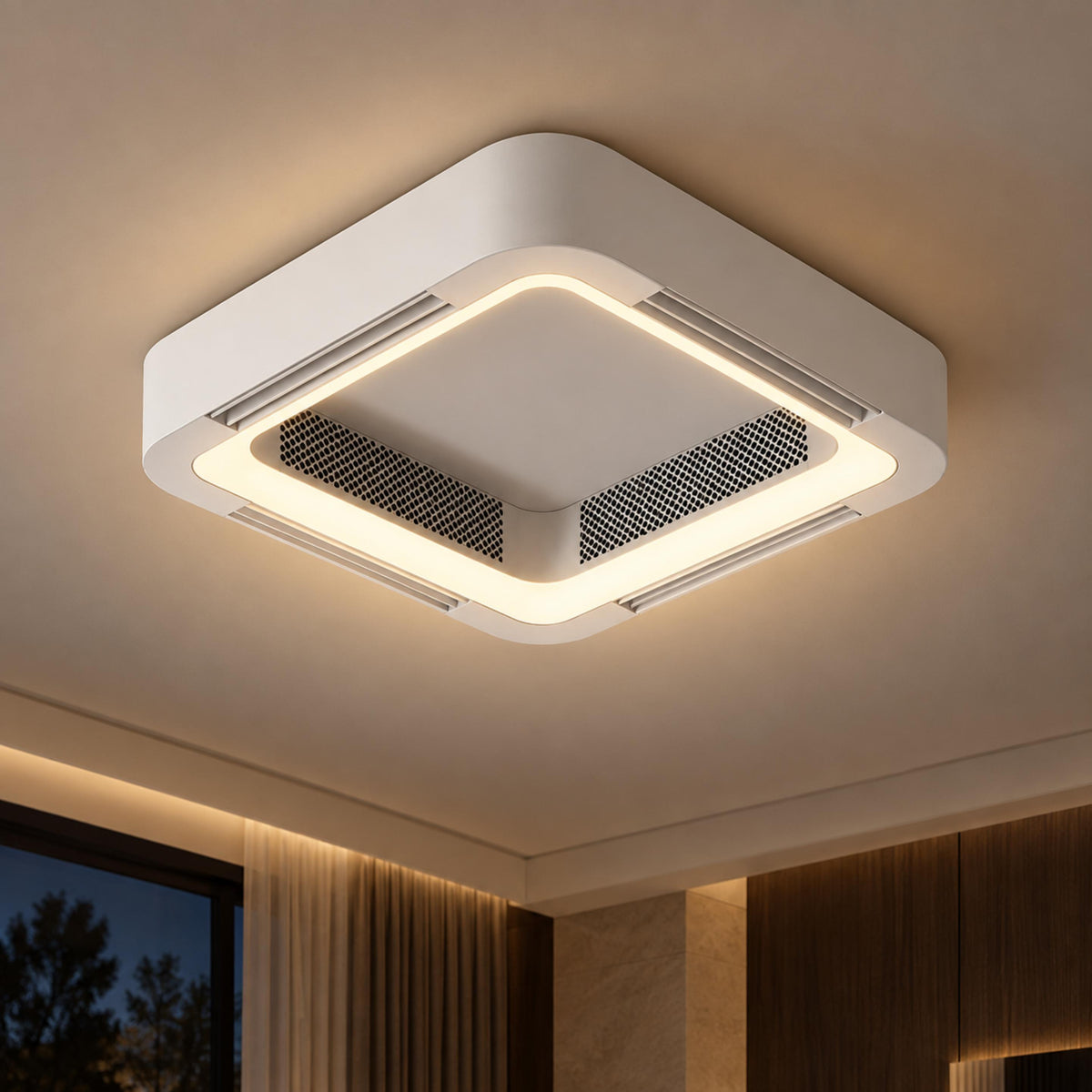 Modern Bladeless Ceiling Fan with Flush Mount Design Dimmable LED Light and Remote Control
