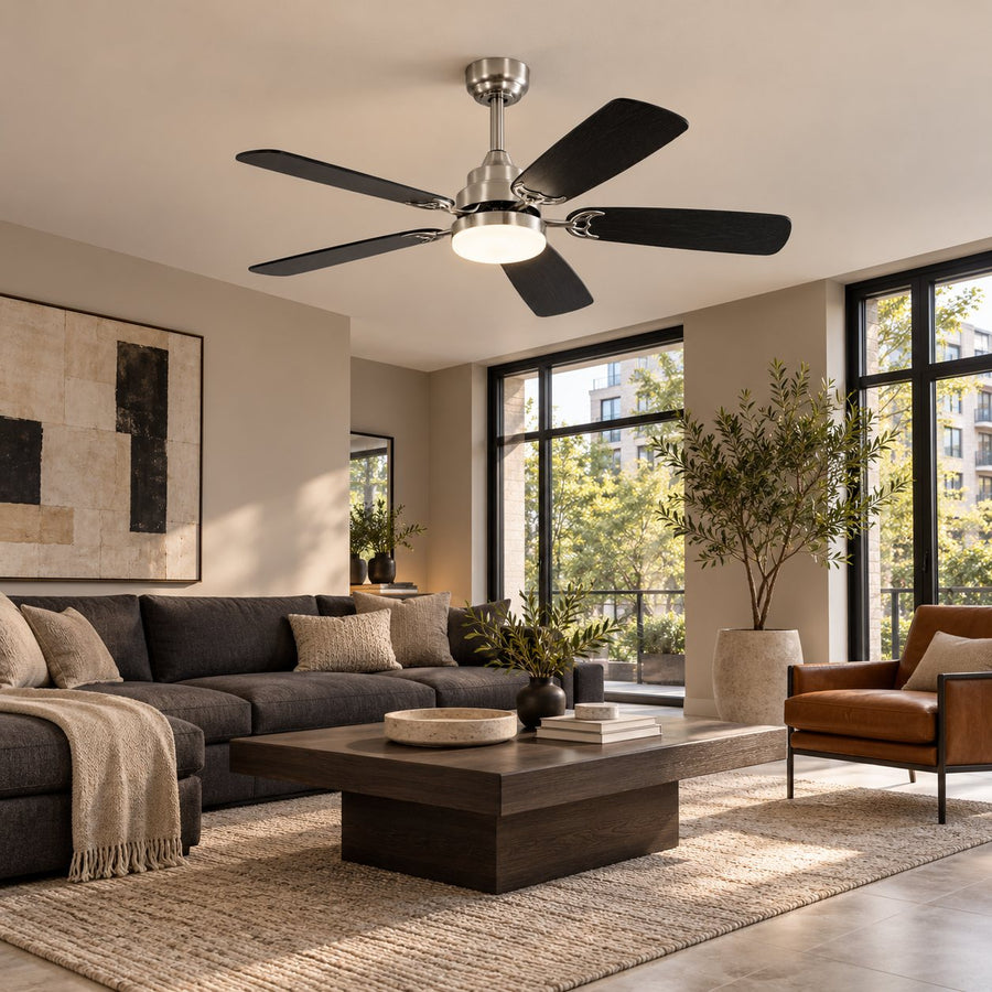 Modern Ceiling Fan Flush Mount Dual-Tone MDF Blades Matte Metal 18W LED 6-Speed DC Motor in the bedroom