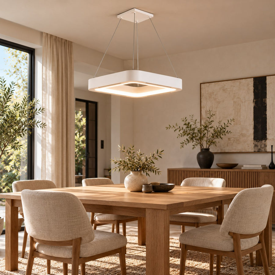 Modern Bladeless Ceiling Fan with Flush Mount Design Dimmable LED Light and Remote Control in the dining room