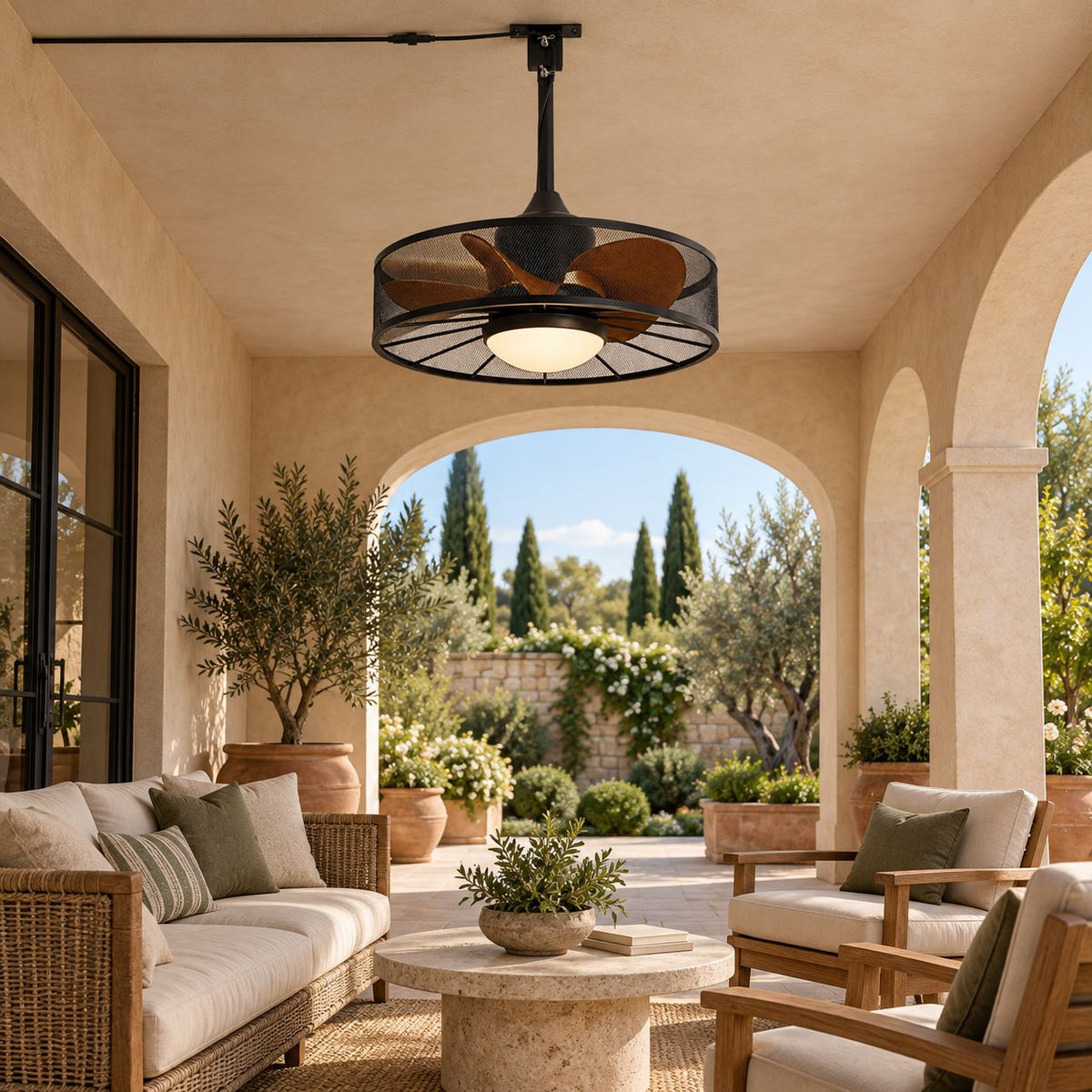 Rustic Outdoor Ceiling Fan with Light Flush Mount Iron Frame LED Colour Temperature Control