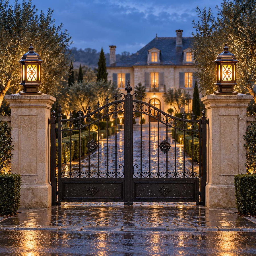 Traditional Outdoor Pillar Light Hexagonal Lantern Frosted Glass Aluminum IP65 in the gates